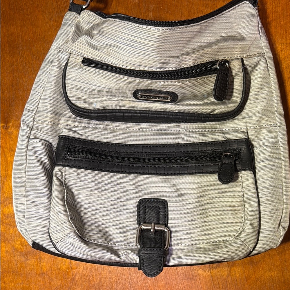 Gray and Black Messenger Bag with Textured Fabric and Wide Strap